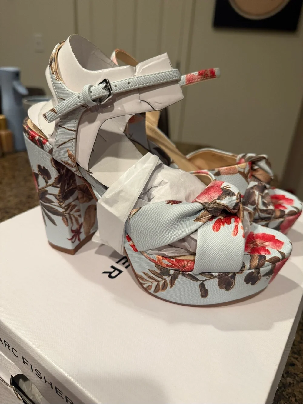Marc Fisher Floral Platform Sandals in Light Blue and Red